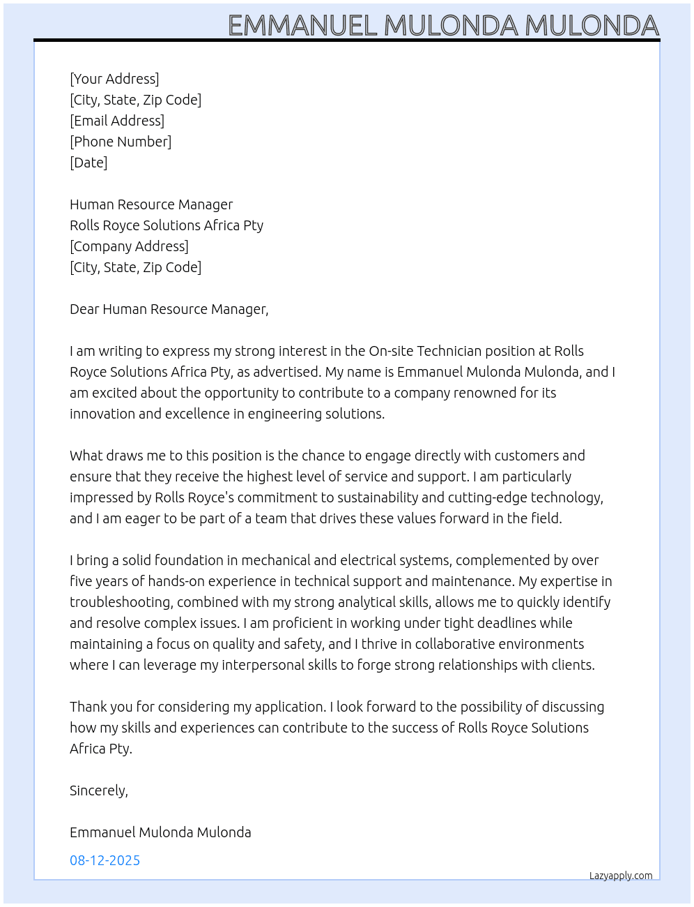 On-site technician  At Rolls Royce solutions Africa pty Cover Letter