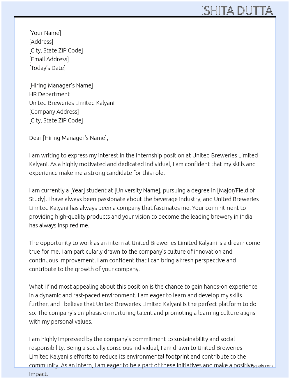 Internship  At United Breweries Limited Kalyani  Cover Letter