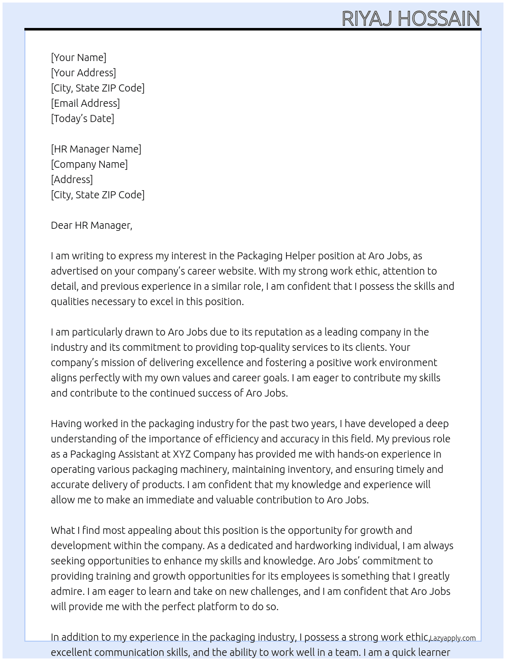 Packing helpler  At Aro jobs Cover Letter