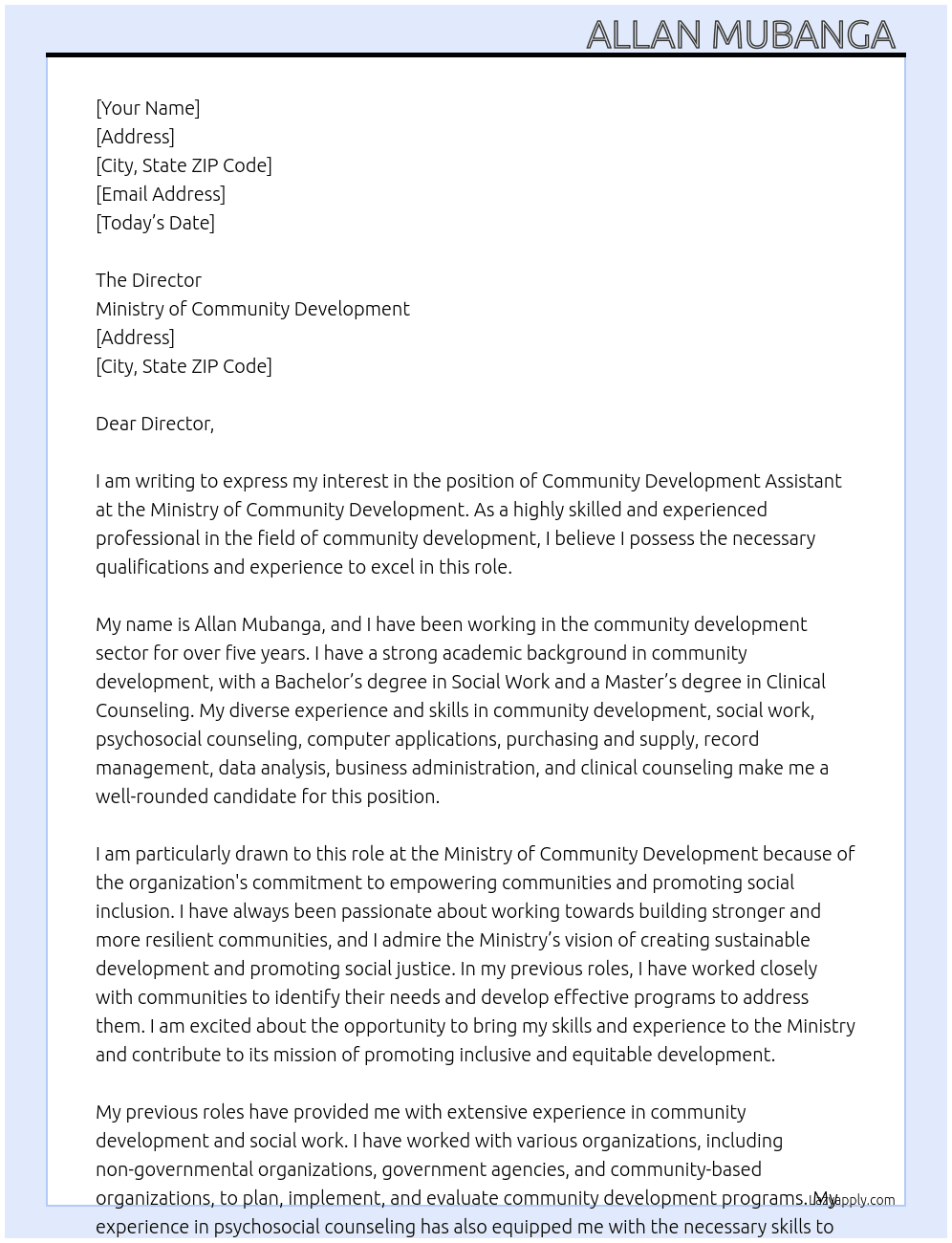 Community Development Assistant  At Ministry of Community Development  Cover Letter