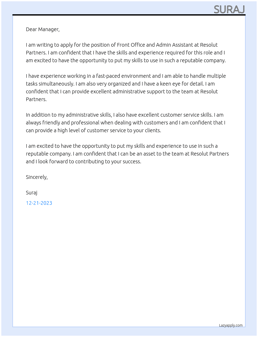 Front office and admin assistant  At Resolut Partners Cover Letter