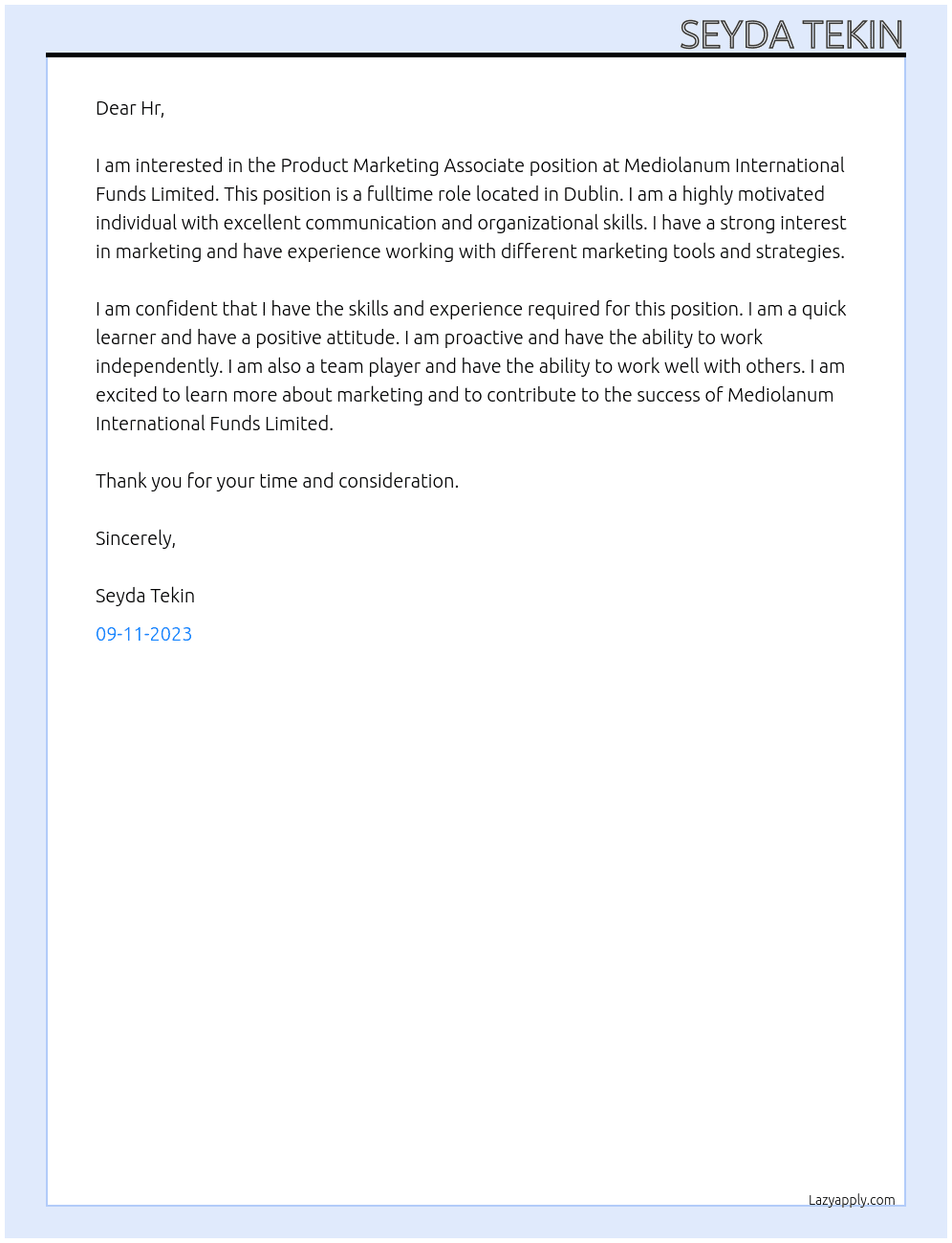 Product Marketing Associate At Mediolanum International Funds Limited Cover Letter