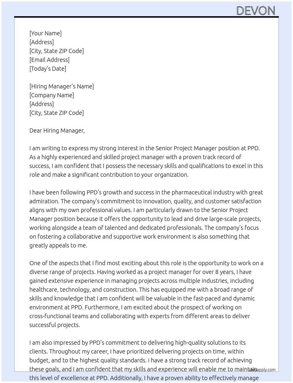 senior project manager At PPD Cover Letter
