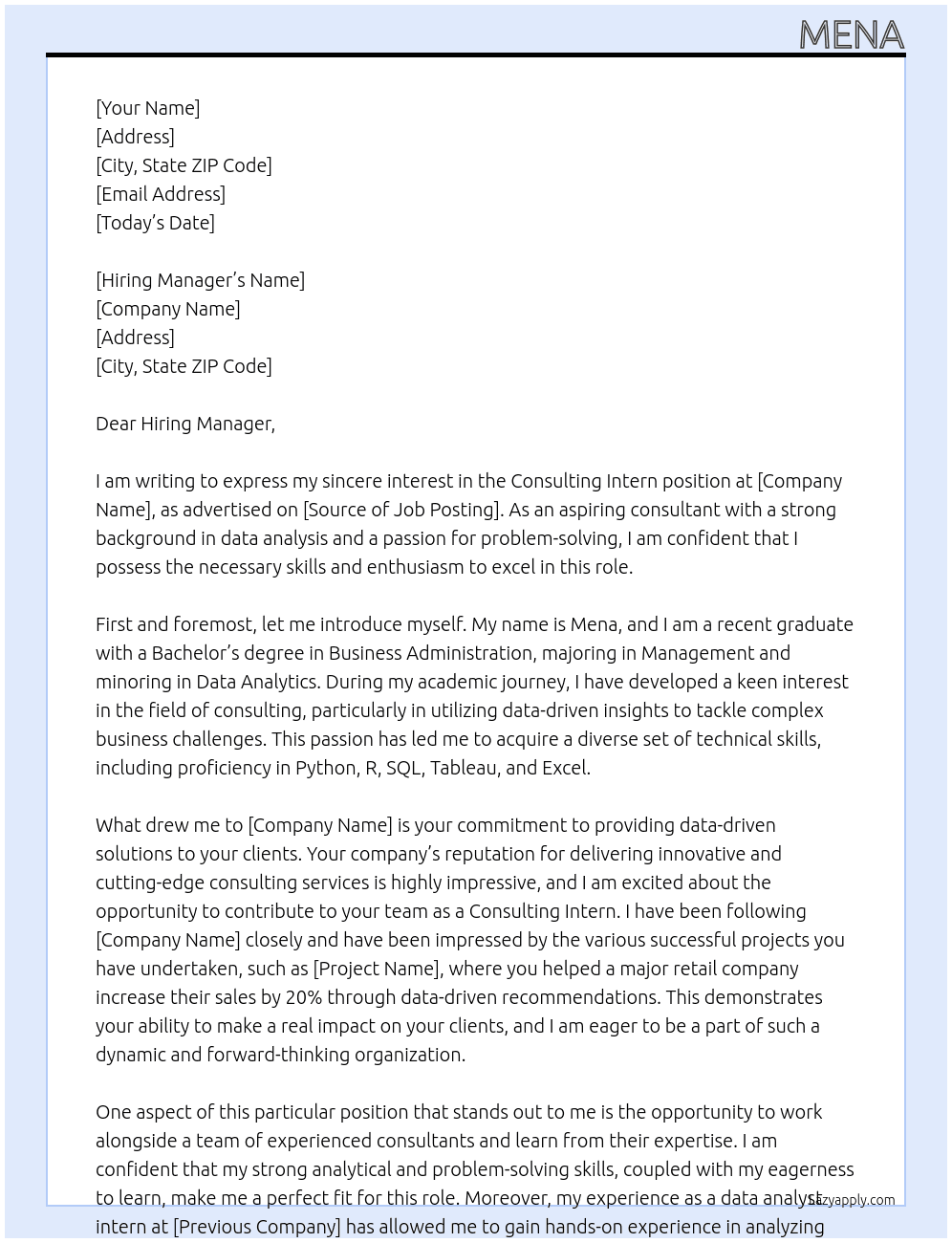 Consulting intern At tim Cover Letter