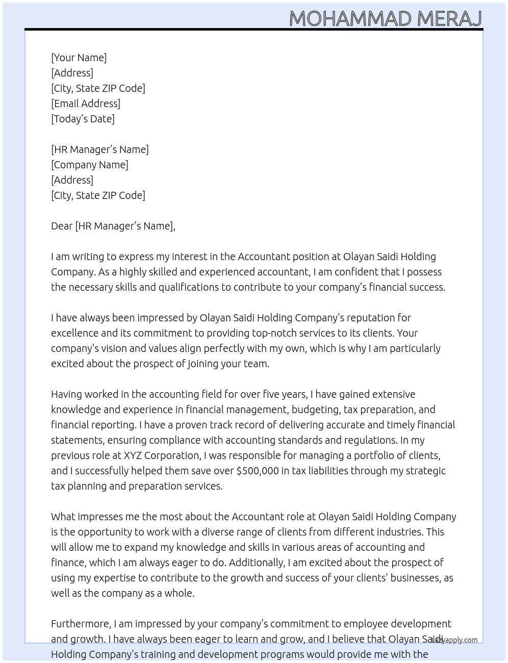 Accountant At Olayan saidi holding company Cover Letter
