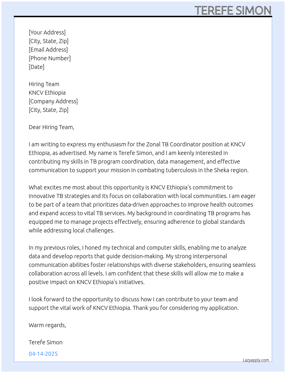 Zonal TB Coordinator At KNCV Ethiopia  Cover Letter