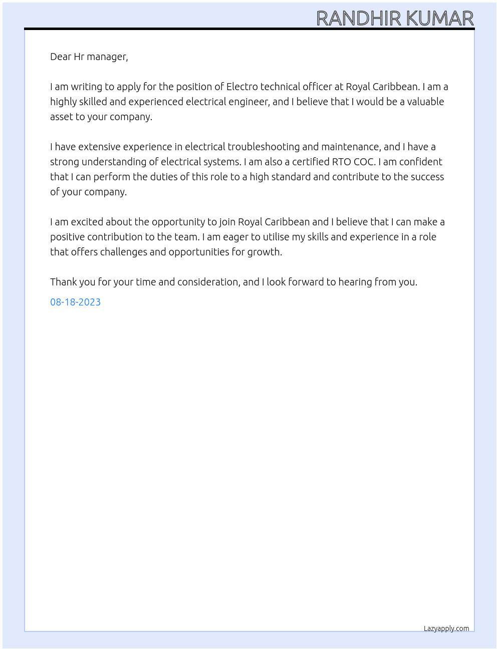 Electro technical officer  At Royal Caribbean  Cover Letter