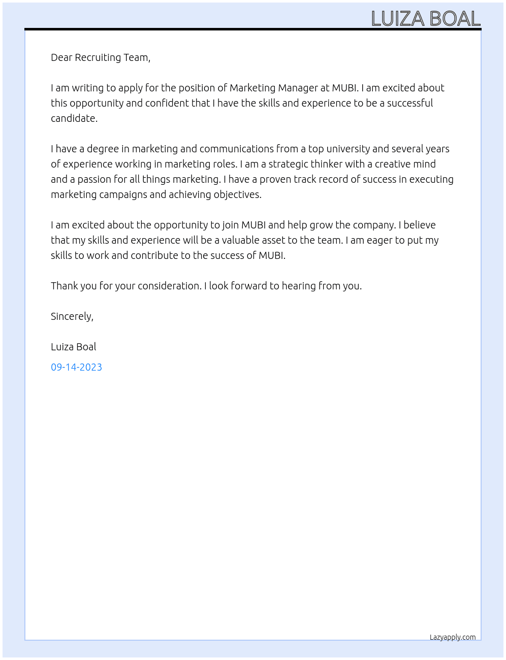 Marketing Manager At MUBI Cover Letter