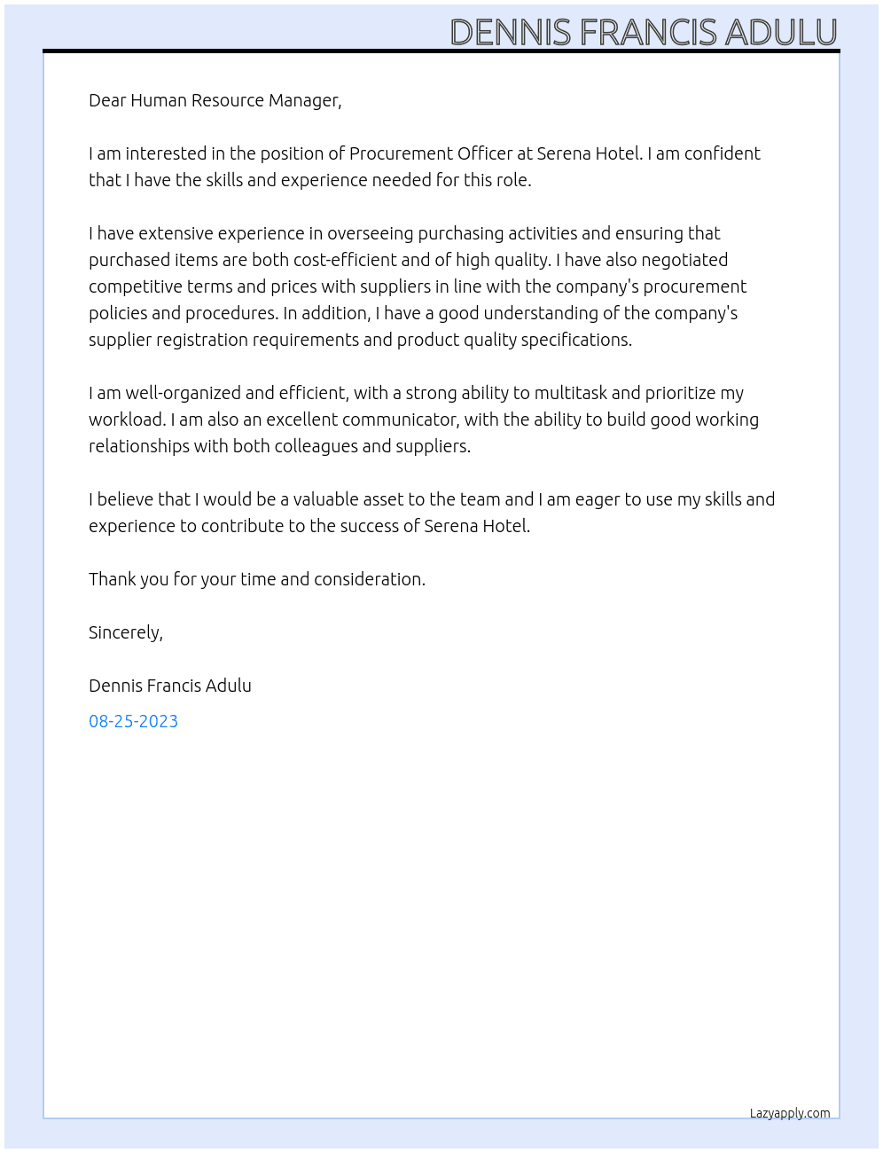 Procurement officer At Serena Hotel Cover Letter