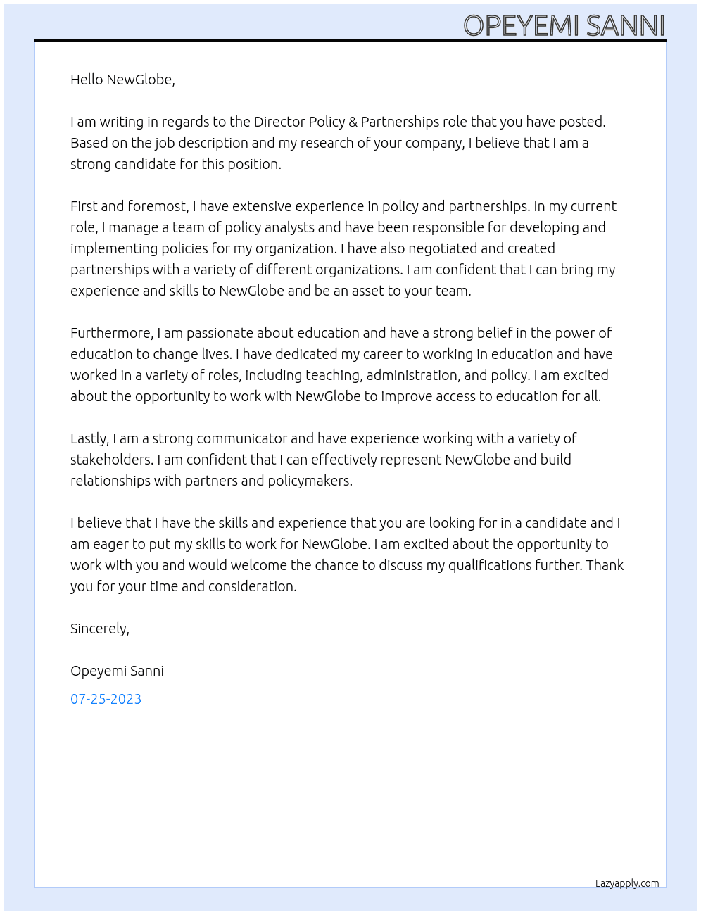 Director Policy & Partnersips At NewGlobe Cover Letter