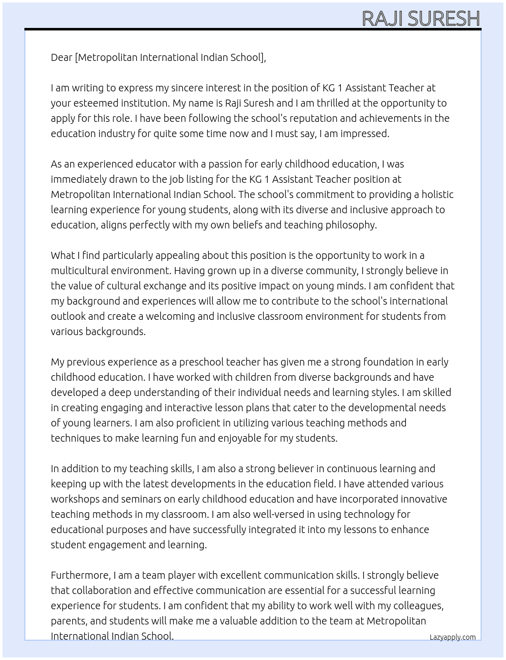 KG 1 Assisstant teacher At Metropolitan International Indian School Cover Letter