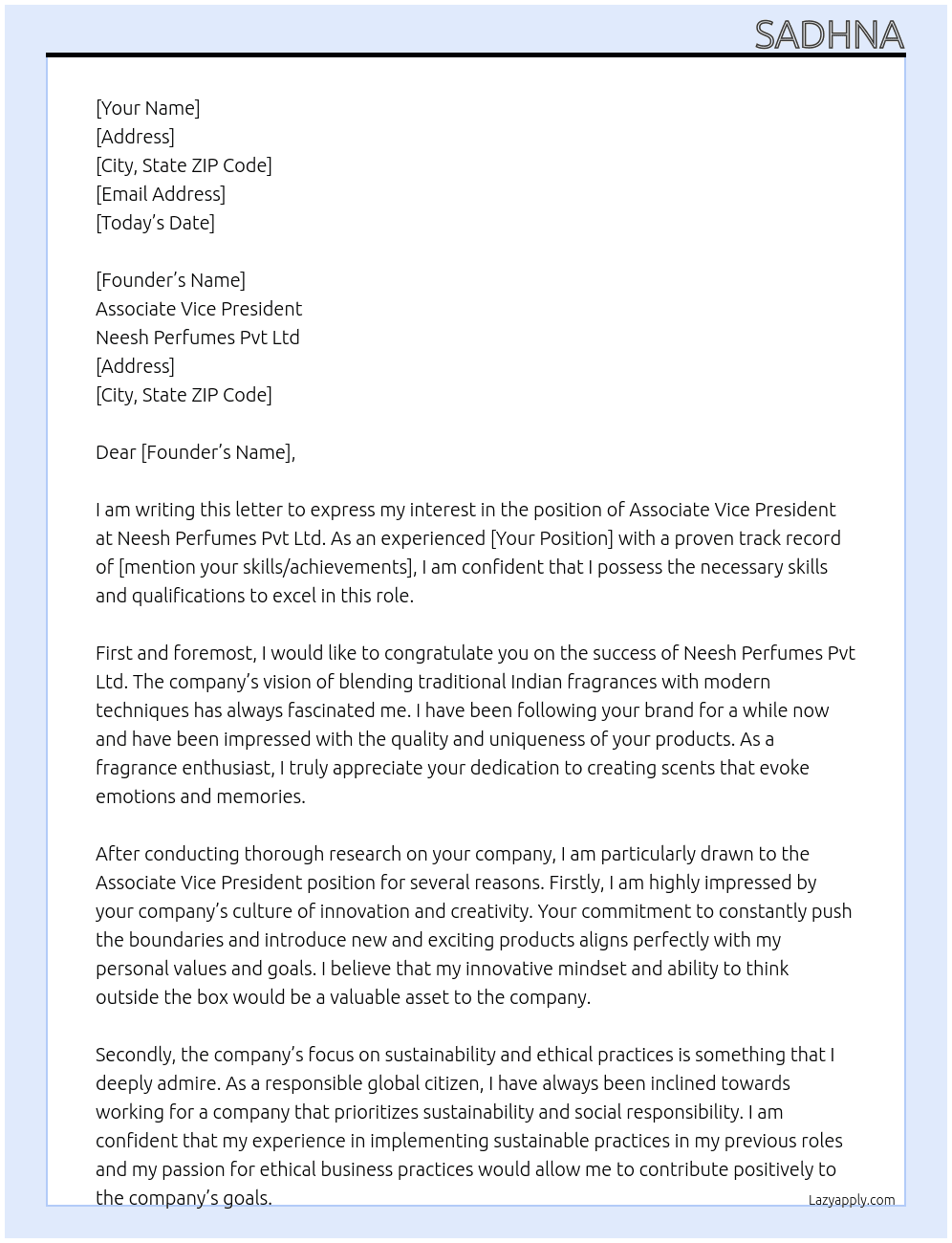 Associate Vice President At Neesh Perfumes Pvt Ltd Cover Letter