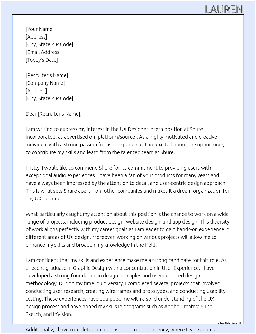 UX Designer Intern At Shure Incorporated Cover Letter
