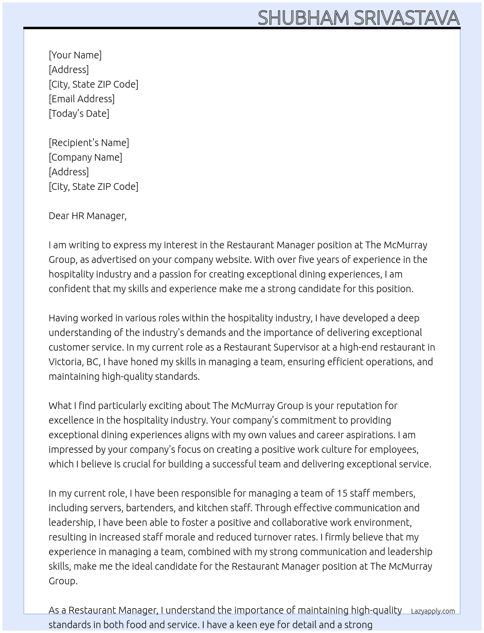 Restaurant manager  At The McMurray Group Cover Letter