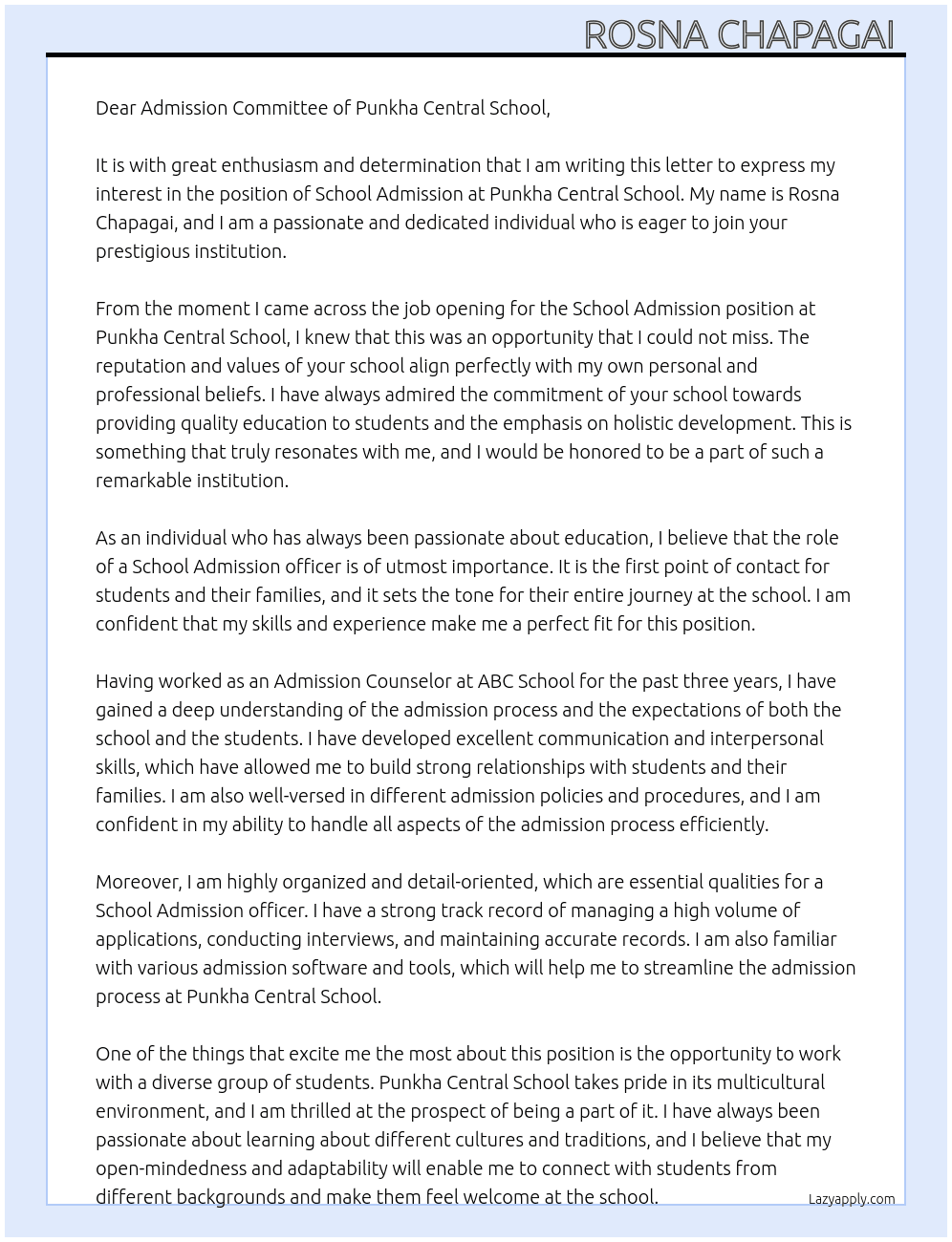 School admission request  At Punkha central school  Cover Letter