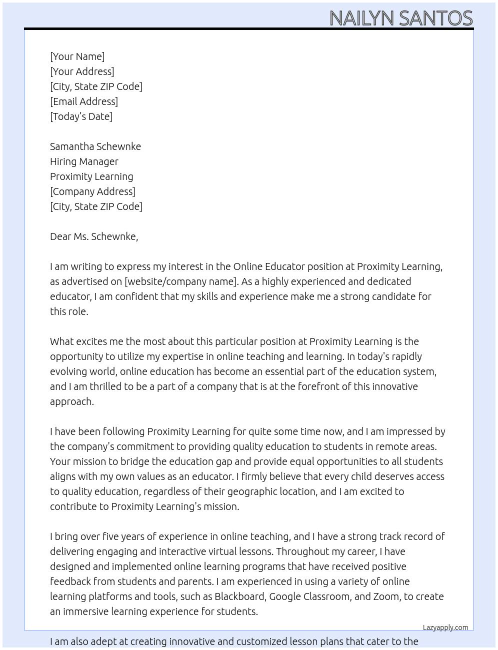 Online educator At Proximity Learnung Cover Letter