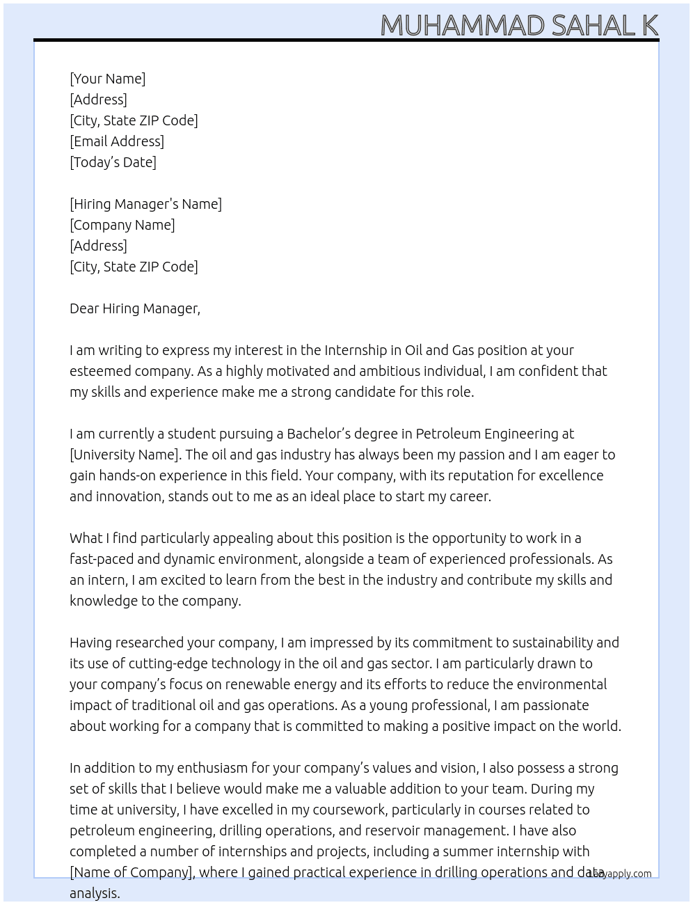 Internship in oil and gas At No company Cover Letter