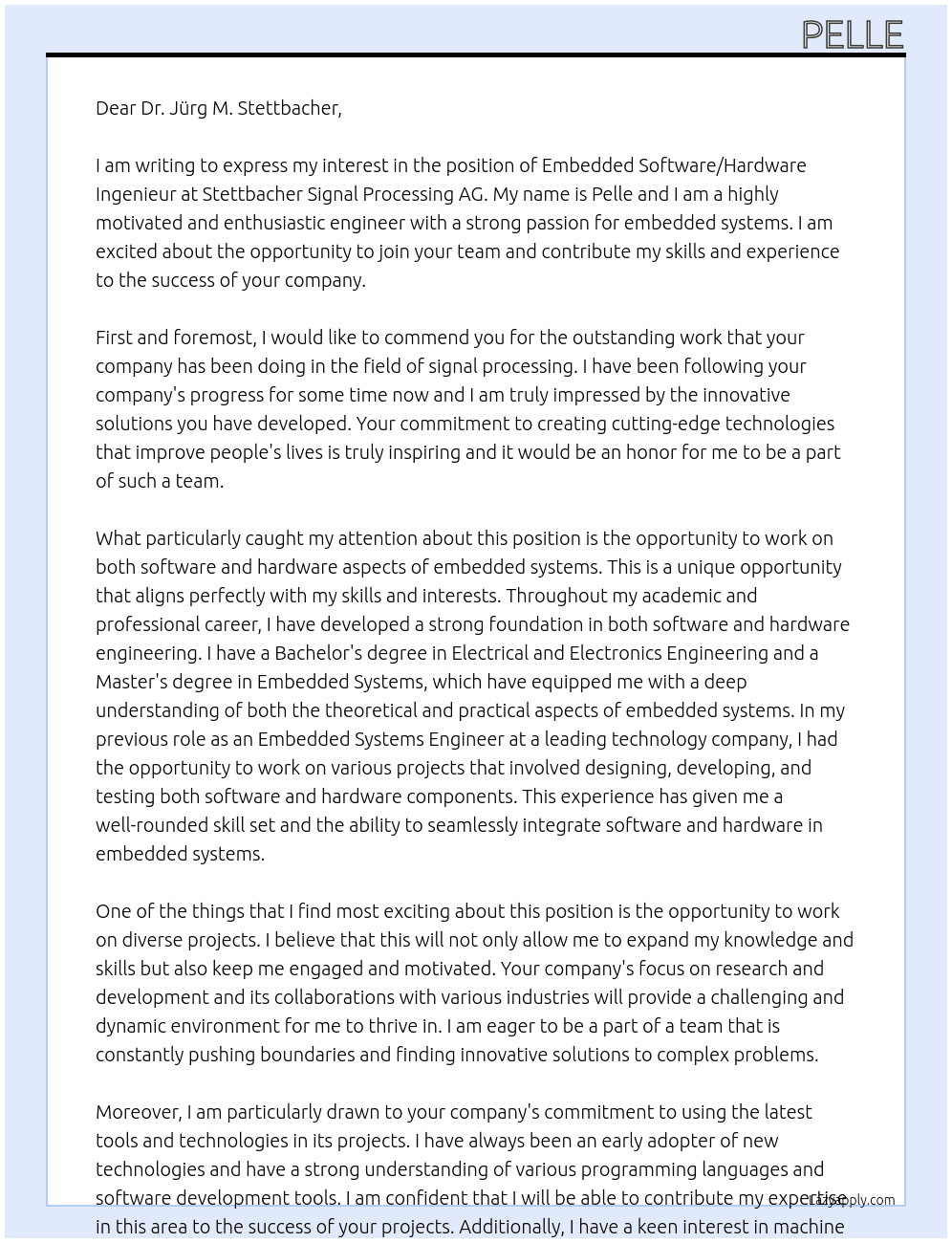 Embedded Software / Hardware Ingenieur At Stettbacher Signal Processing AG Cover Letter