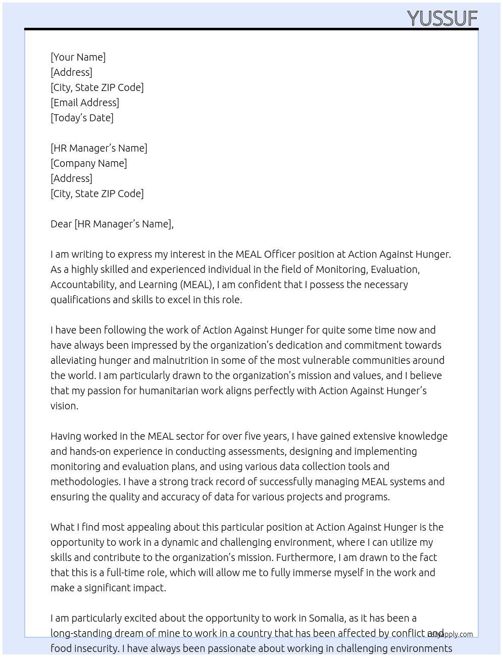 MEAL Officer  At Action Against Hunger  Cover Letter