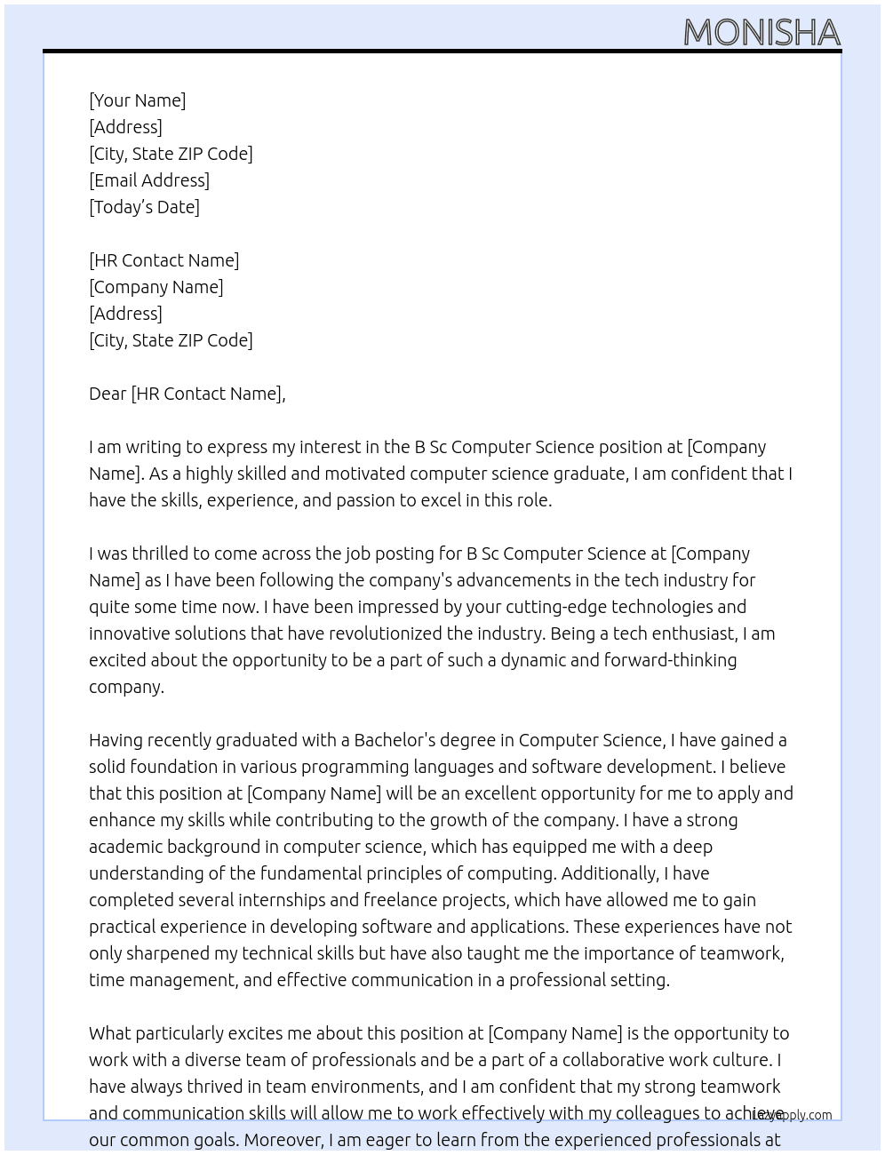 B SC computer science  At Any job Cover Letter