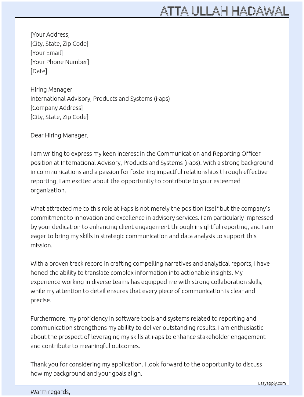 Cover letter for communication and reporting officer - LazyApply
