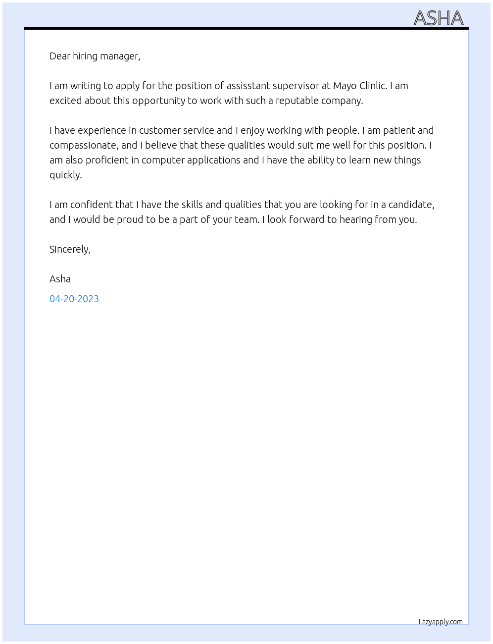 assisstant supervisor  At mayo clinlic Cover Letter