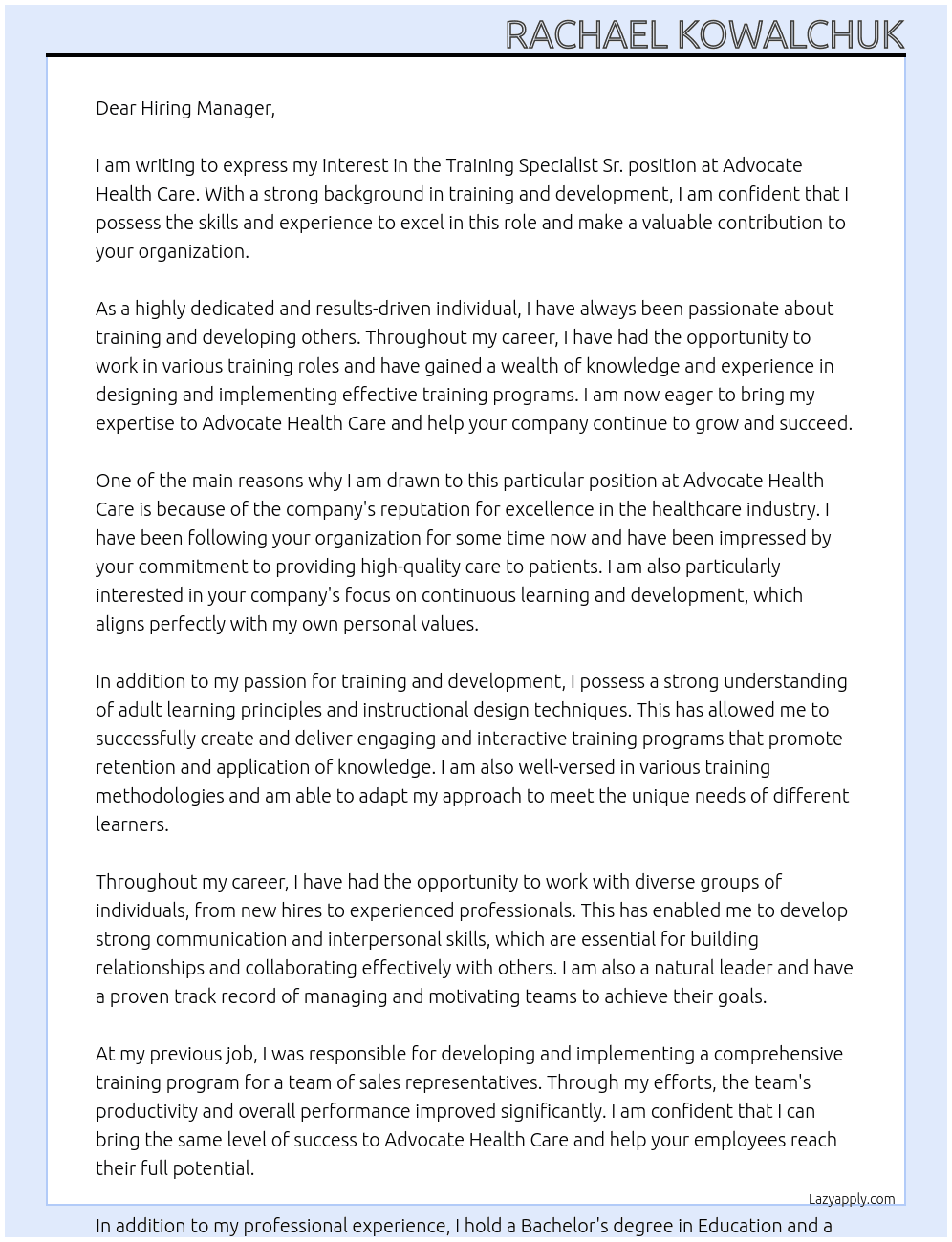 Training Specialist Sr. At Advocate Health Care Cover Letter