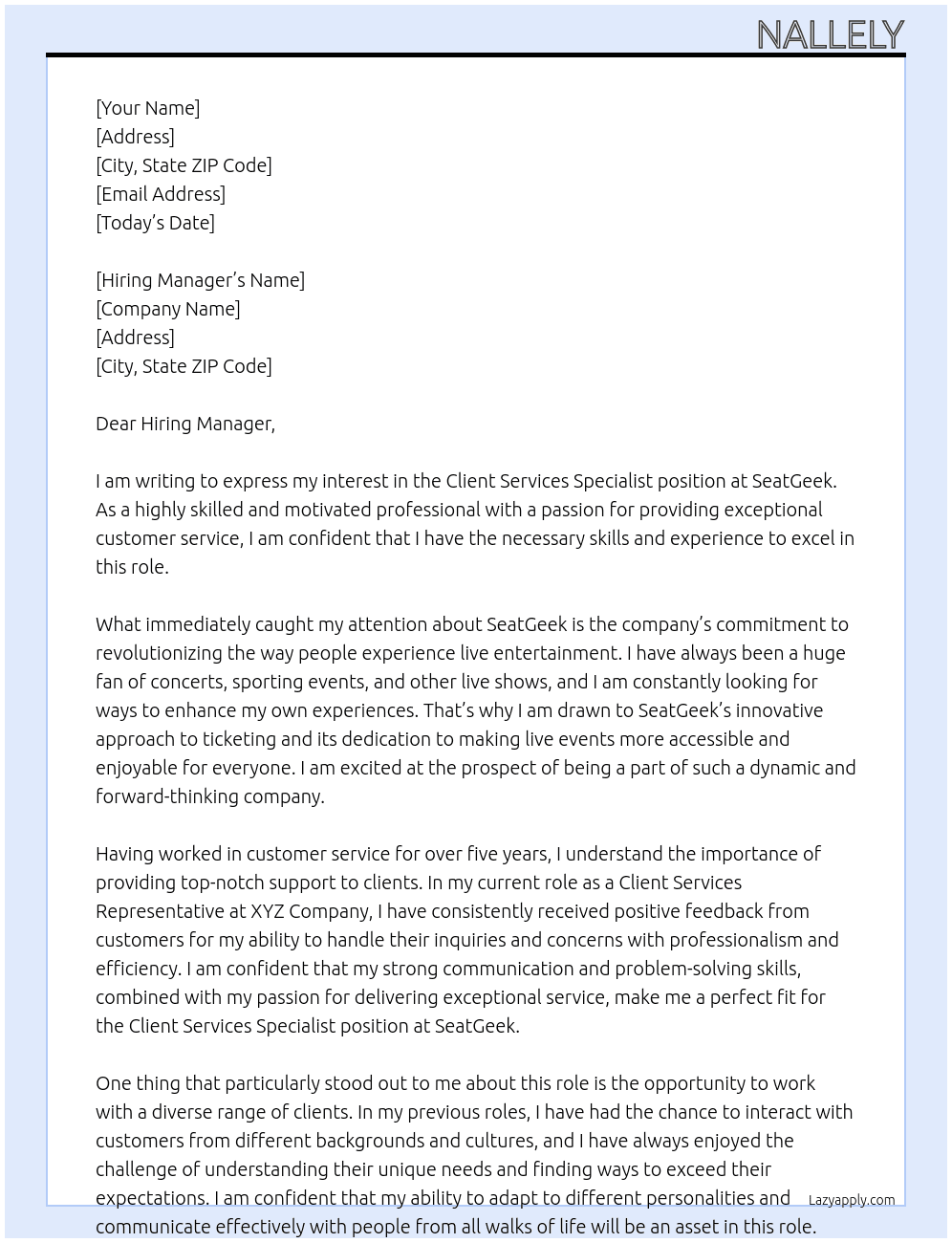Client Services Specalist At Seat Geek Cover Letter