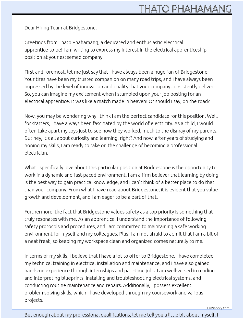 electrical apprenticeship  At Bridgestone Cover Letter