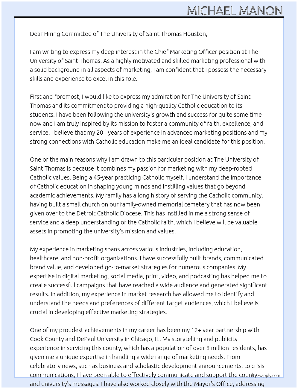 Chief Marketing Officer At The University of Saint Thomas Cover Letter