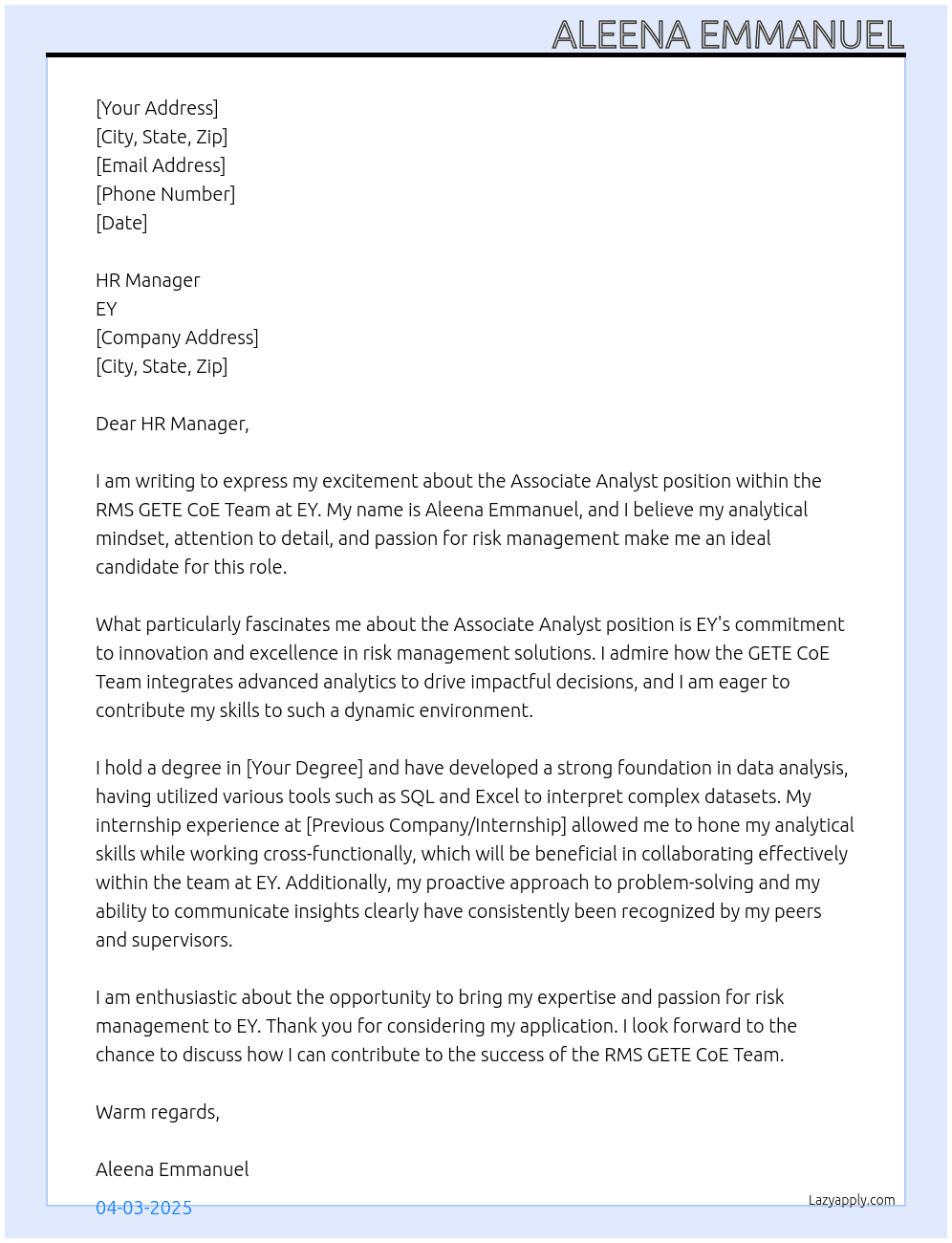 Cover letter for associate analyst-rms gete coe team - LazyApply