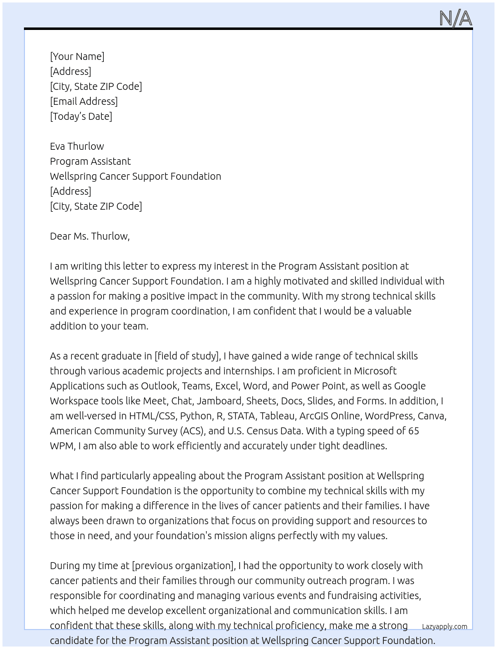 Program Assistant At Wellspring Cancer Support Foundation  Cover Letter