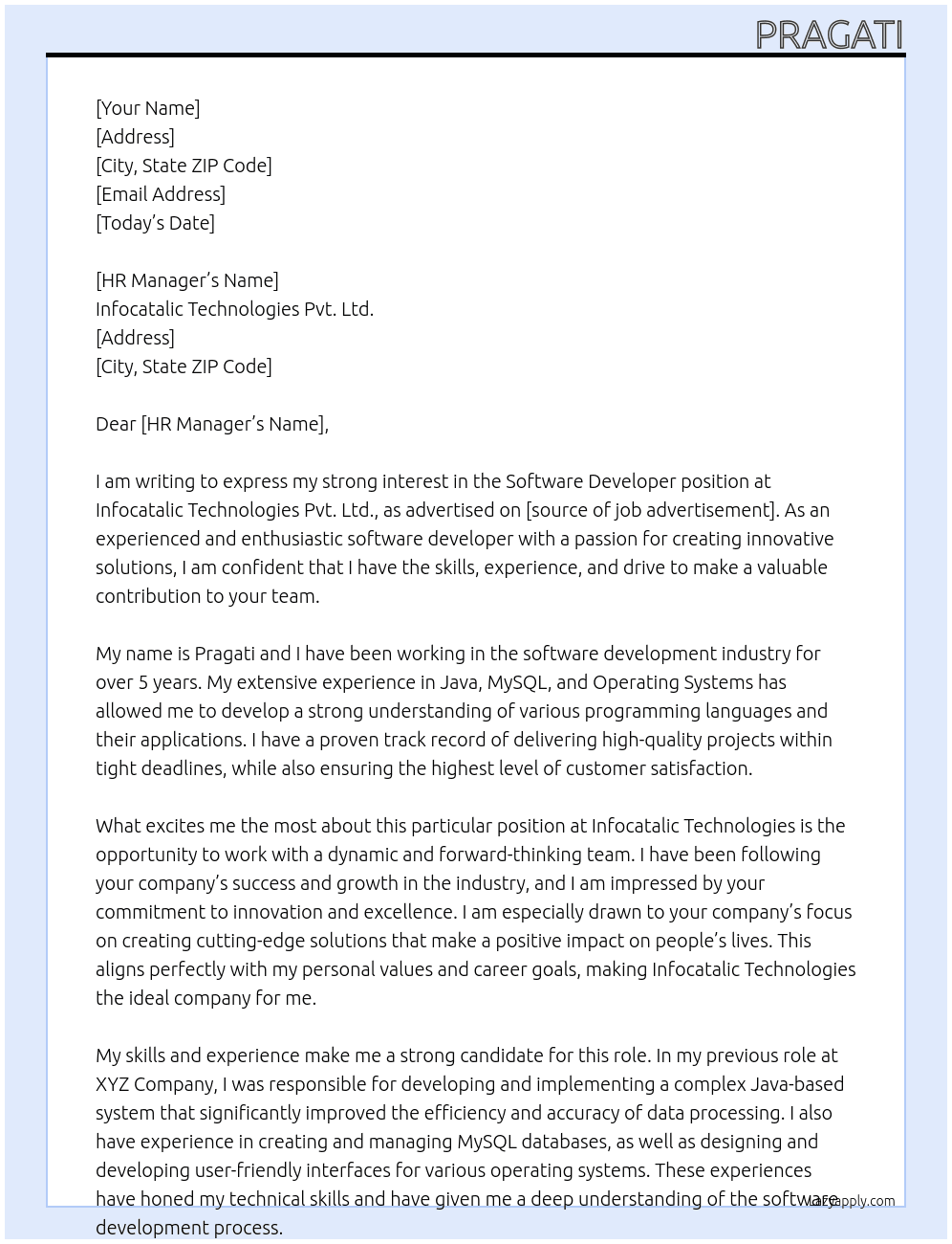 Software developer At Infocatalic Technologies Pvt. Ltd. Cover Letter