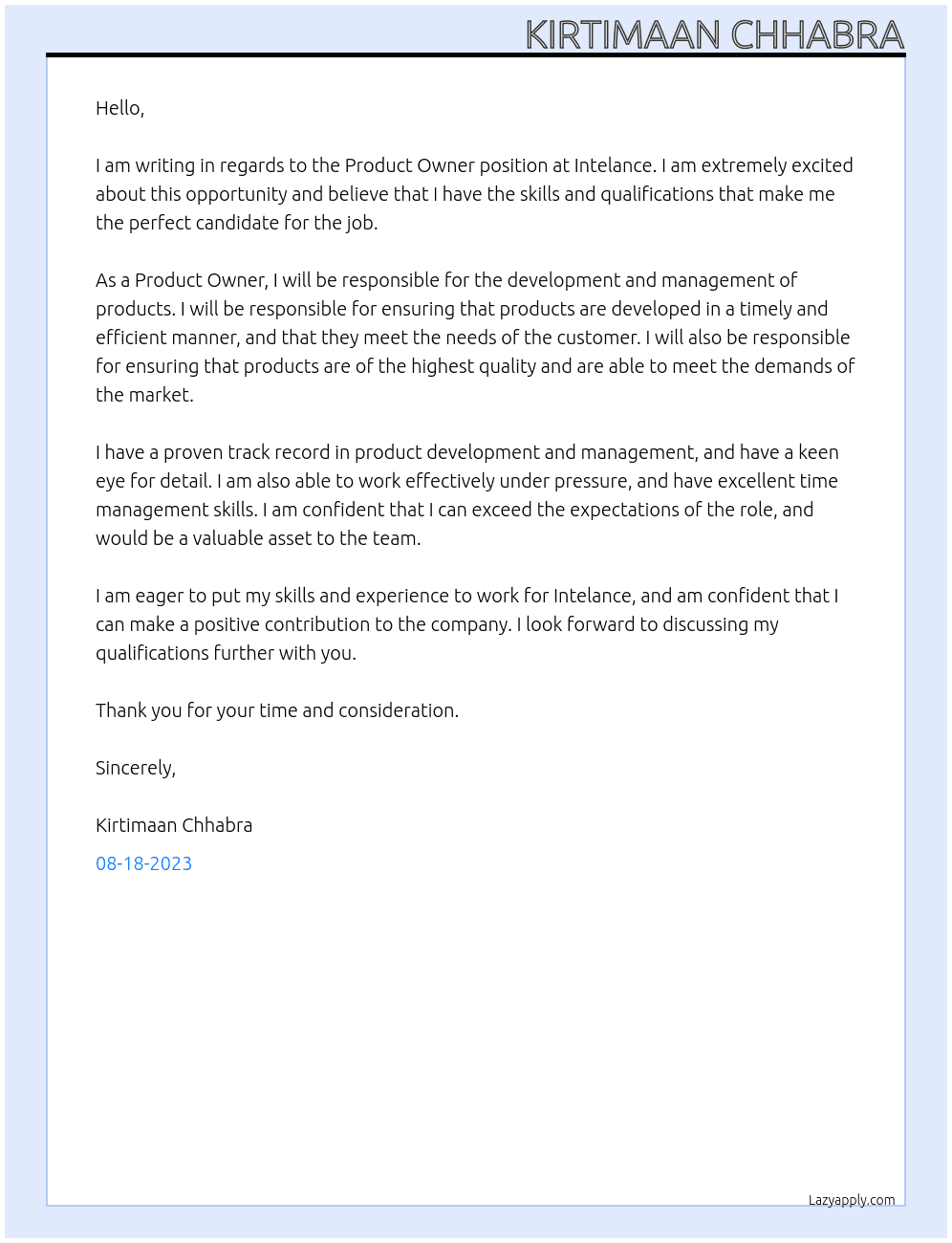 Product Owner At Intelance Cover Letter