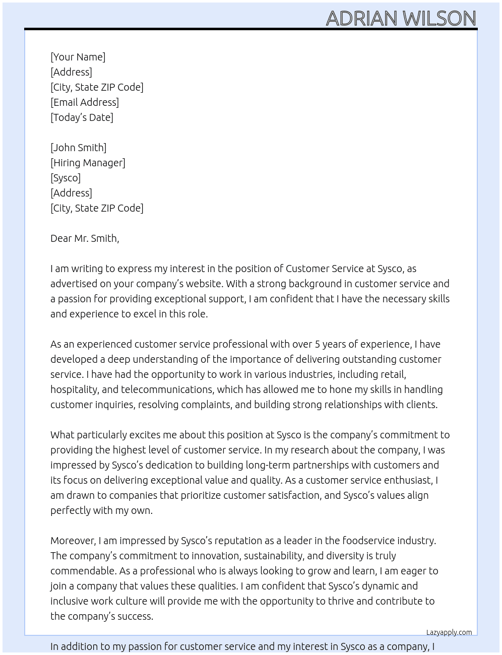 CUSTOMER SERVICE At sysco Cover Letter