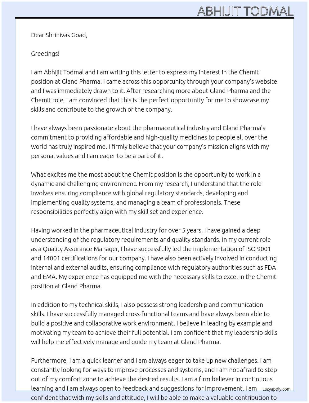 Chemit  At Gland pharma  Cover Letter