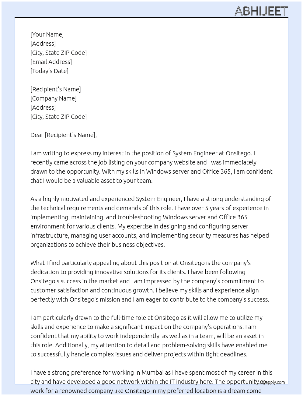 system engineer At Onsitego Cover Letter