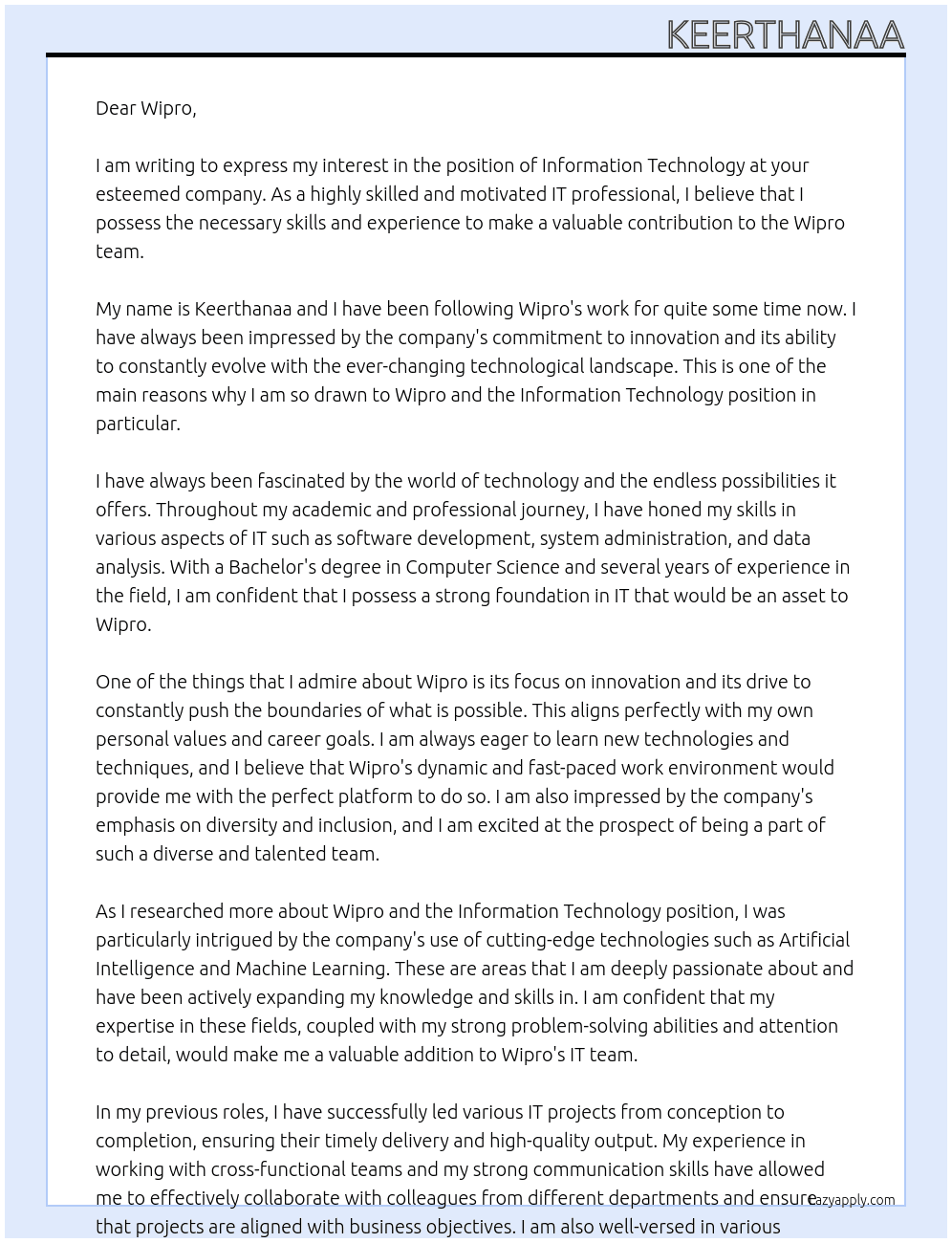 Information Technology  At Wipro Cover Letter