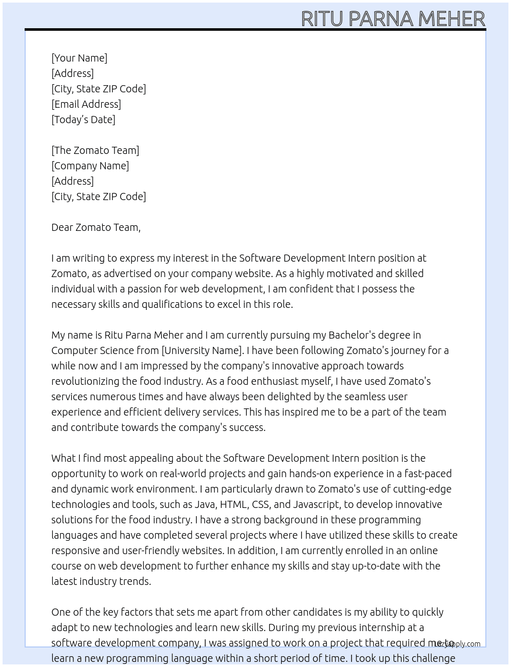 Software Development Intern At Zomato Cover Letter