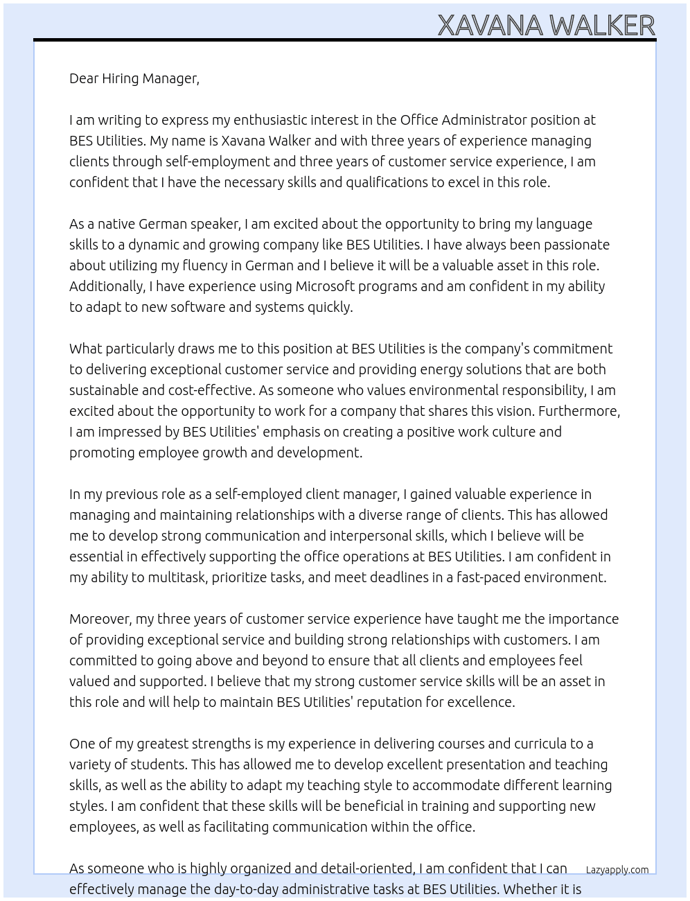 office administrator  At BES Utilities Cover Letter