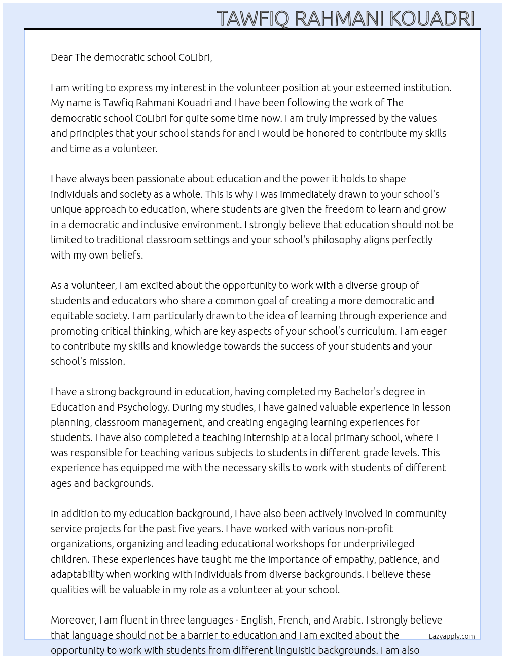 volunteer  At The democratic school CoLibri  Cover Letter