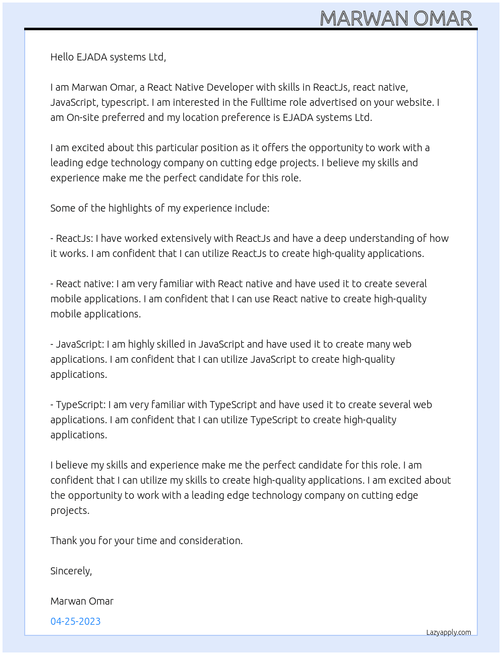 React Native Developer  At EJADA systems Ltd Cover Letter