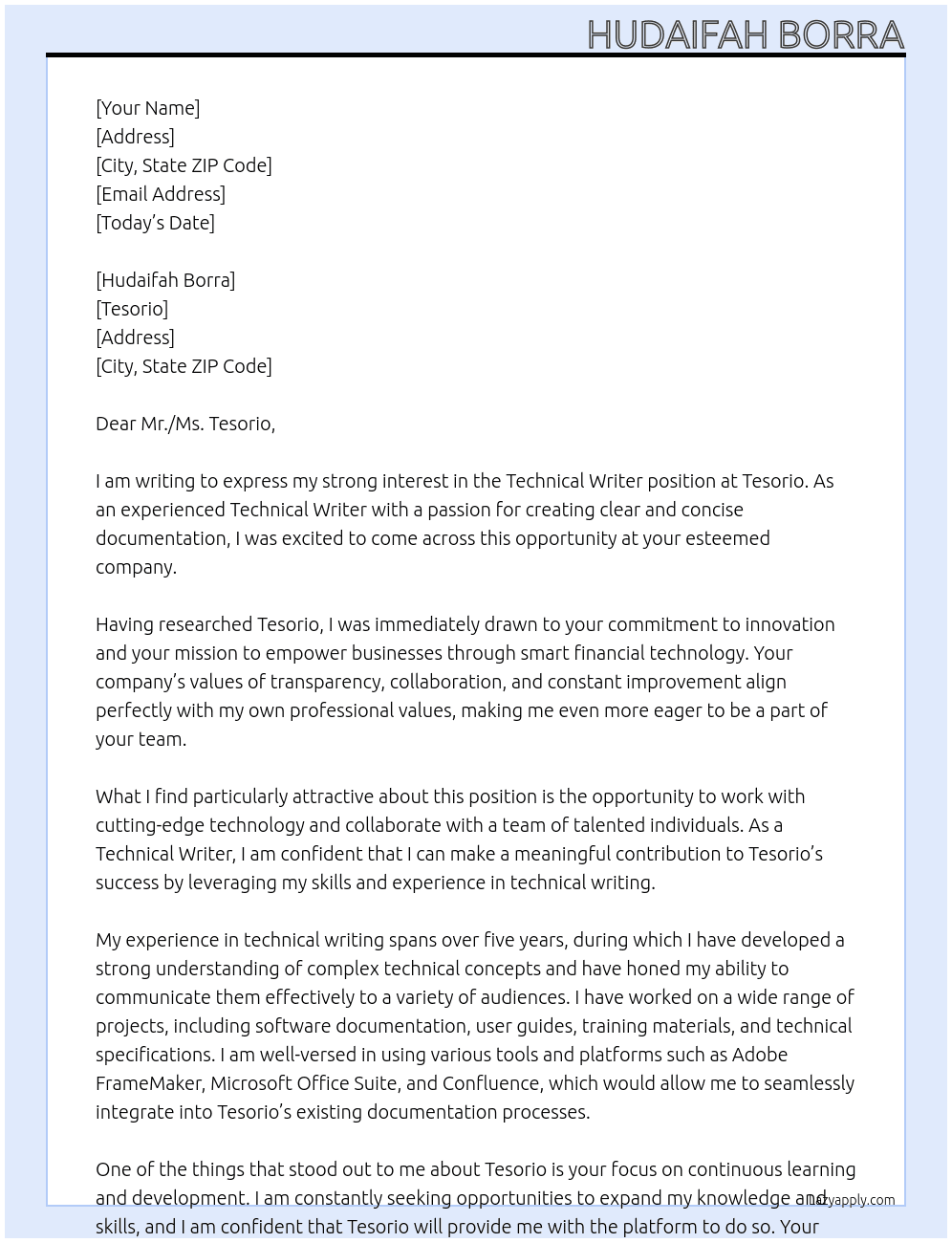 Technical Writer At Tesorio Cover Letter