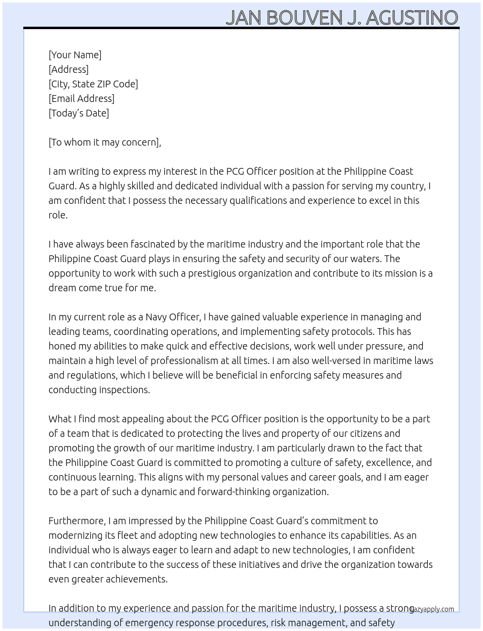 PCG OFFICER At Philippine Coast Guard Cover Letter