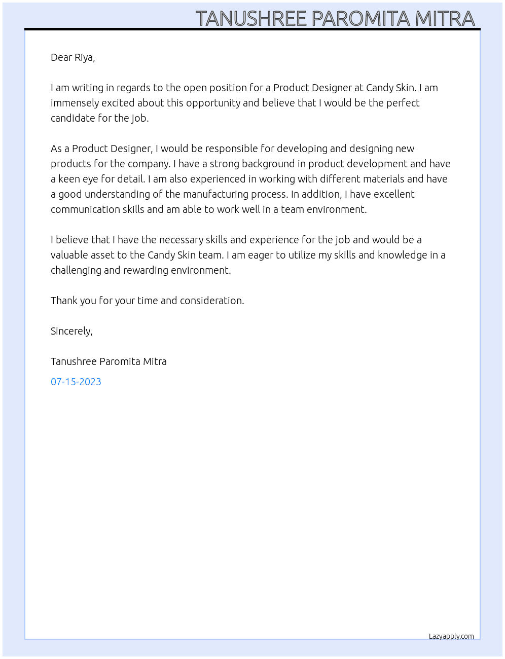 Product Designer and developtment At Candy skin Cover Letter