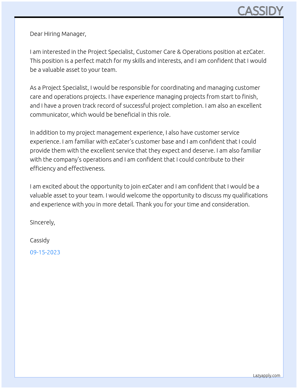 Project Specialist, Customer Care & Operations At ezCater Cover Letter