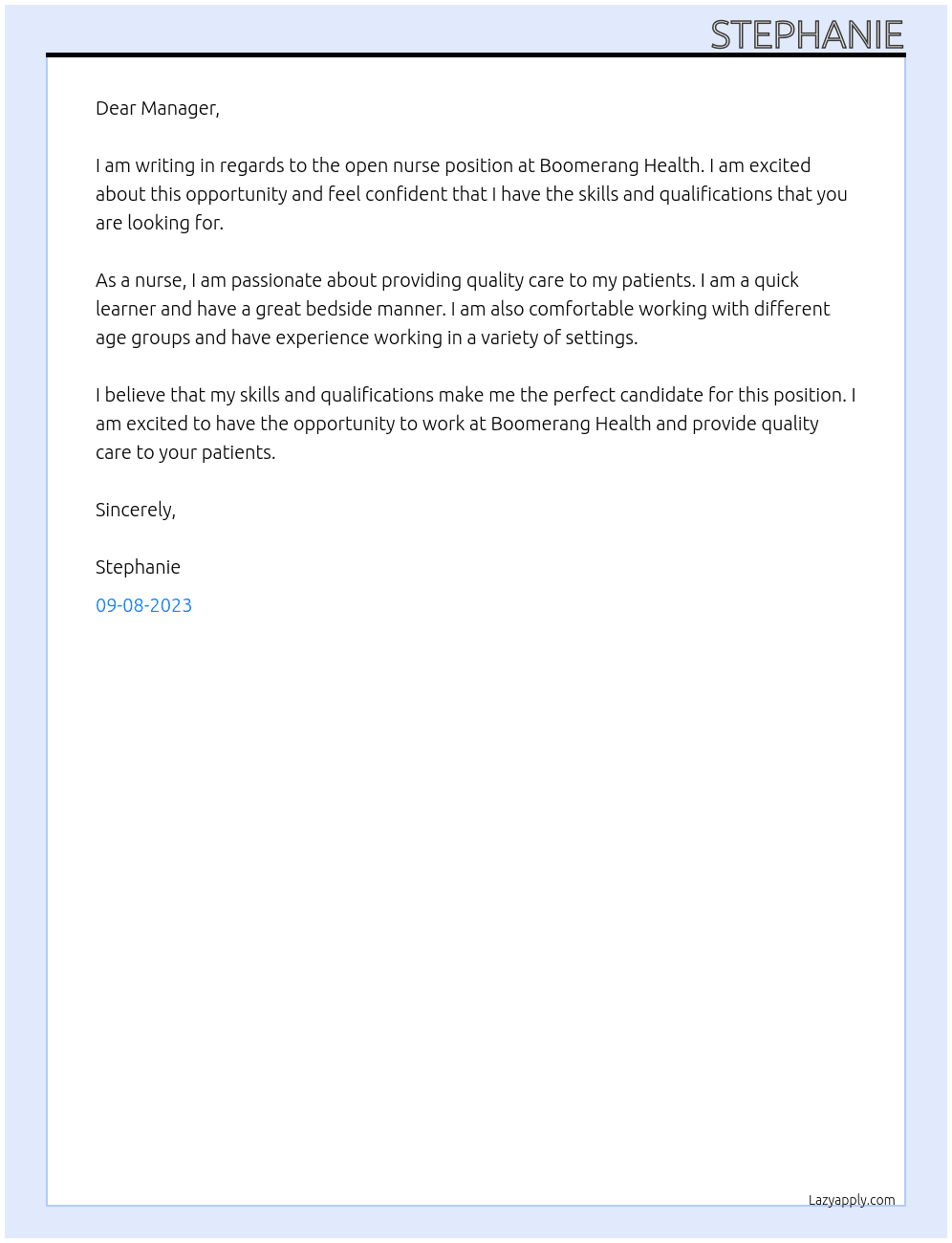 Nurse At Boomerang Health  Cover Letter