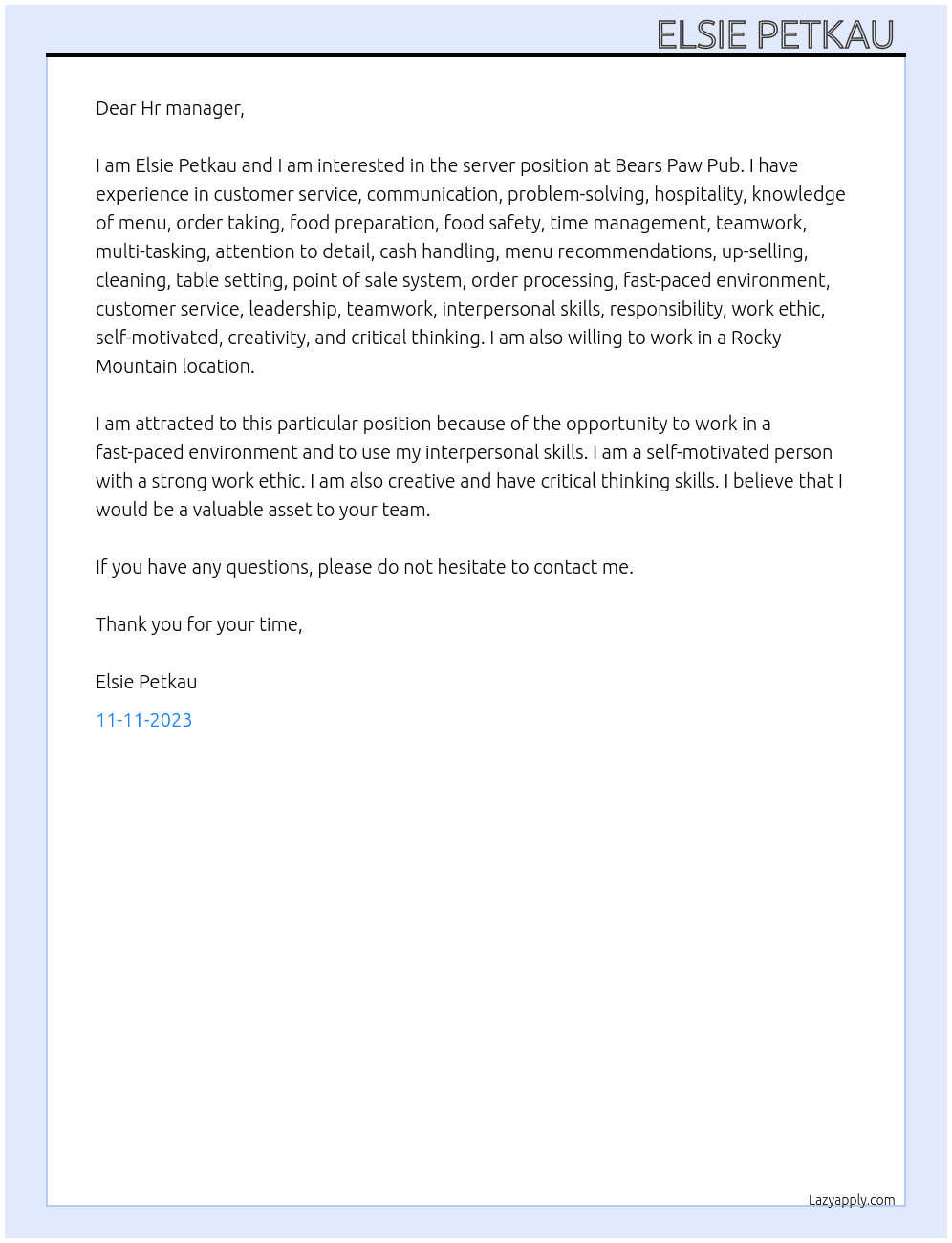 Server At Bears Paw Pub  Cover Letter