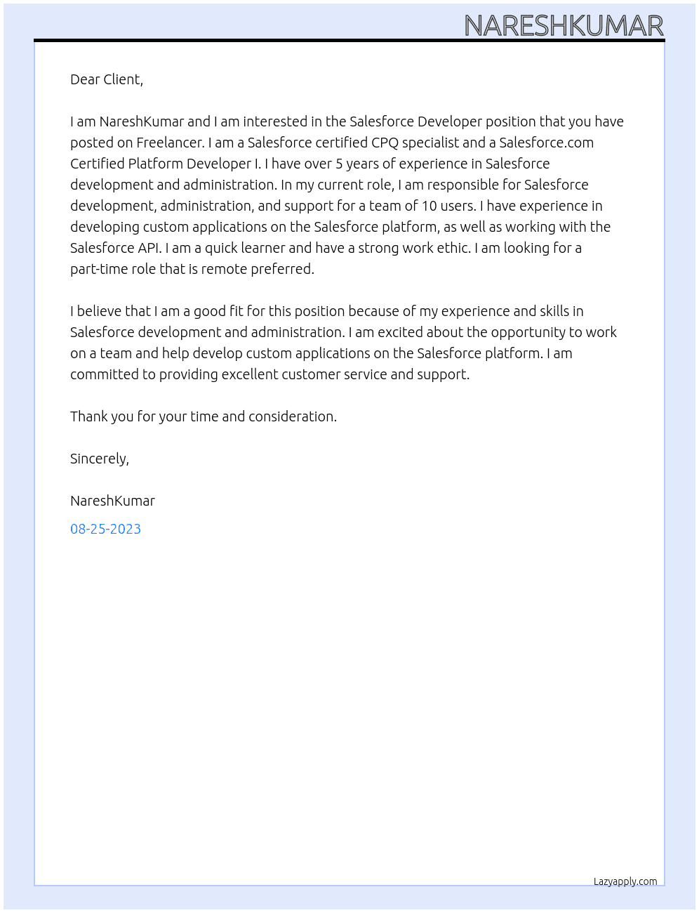 Salesforce Developer At Freelancer Cover Letter