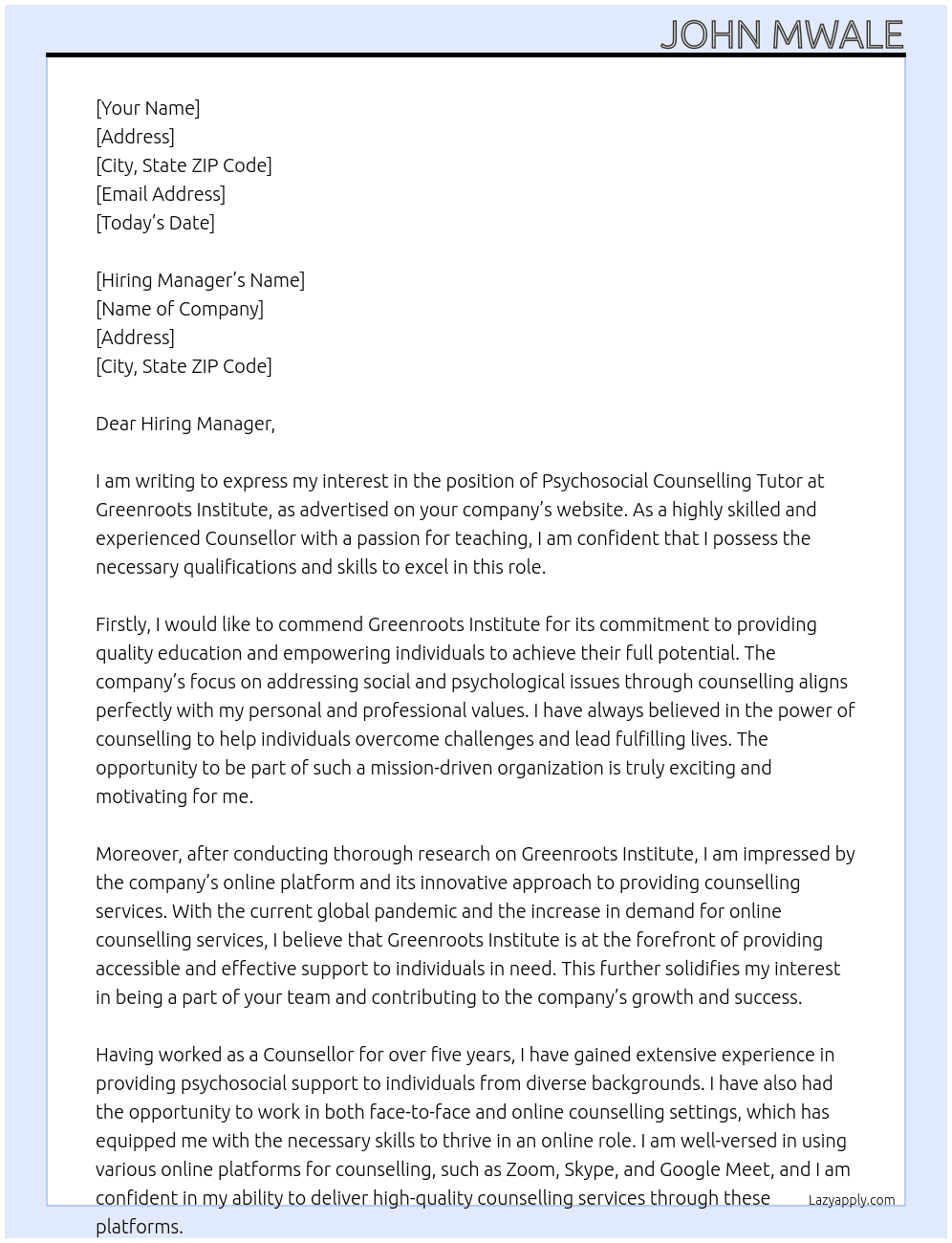 Psychosocial Counselling Tutor At Greenroots Institute Cover Letter